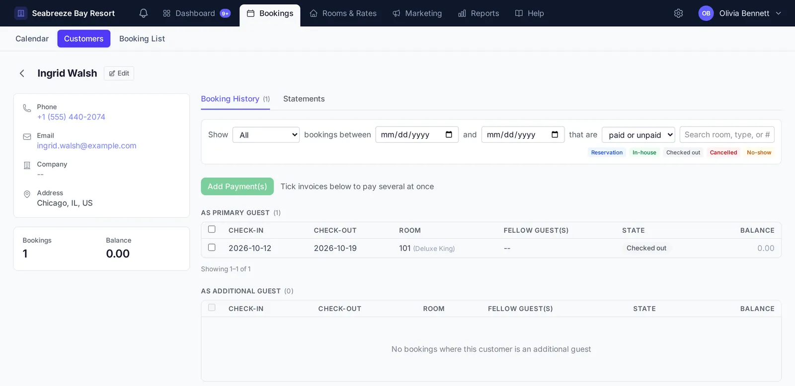 Customer profile for Ingrid Walsh with phone, email and address, booking history with status filters, and an Add Payments button for ticked invoices