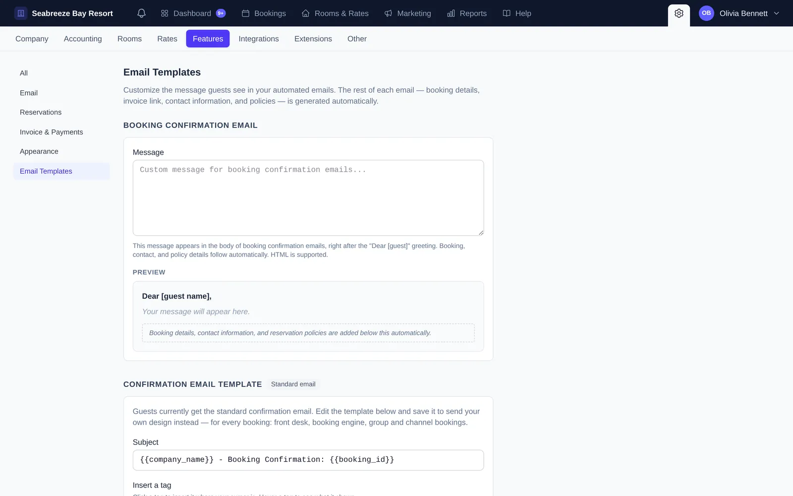 Email Templates settings with a custom message box for booking confirmation emails, a preview, and the full confirmation email template with subject and tags