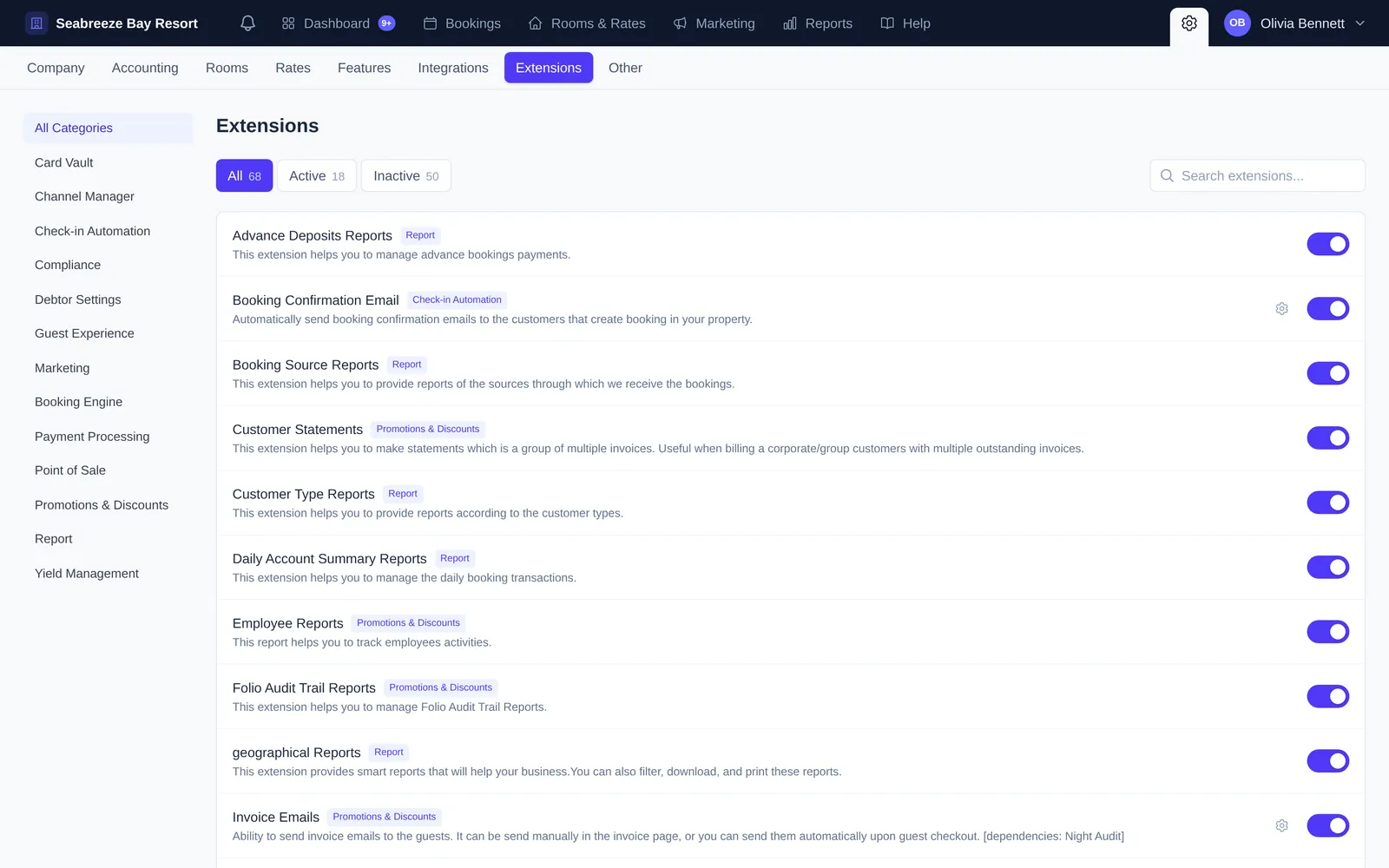 Extensions page with categories on the left and a list of extensions, each with a description and on/off switch