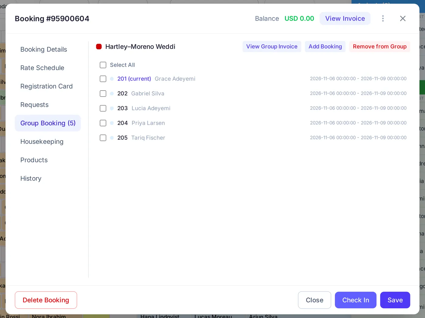 Group Booking tab of a booking listing five rooms in the Hartley–Moreno wedding group with View Group Invoice, Add Booking and Remove from Group actions