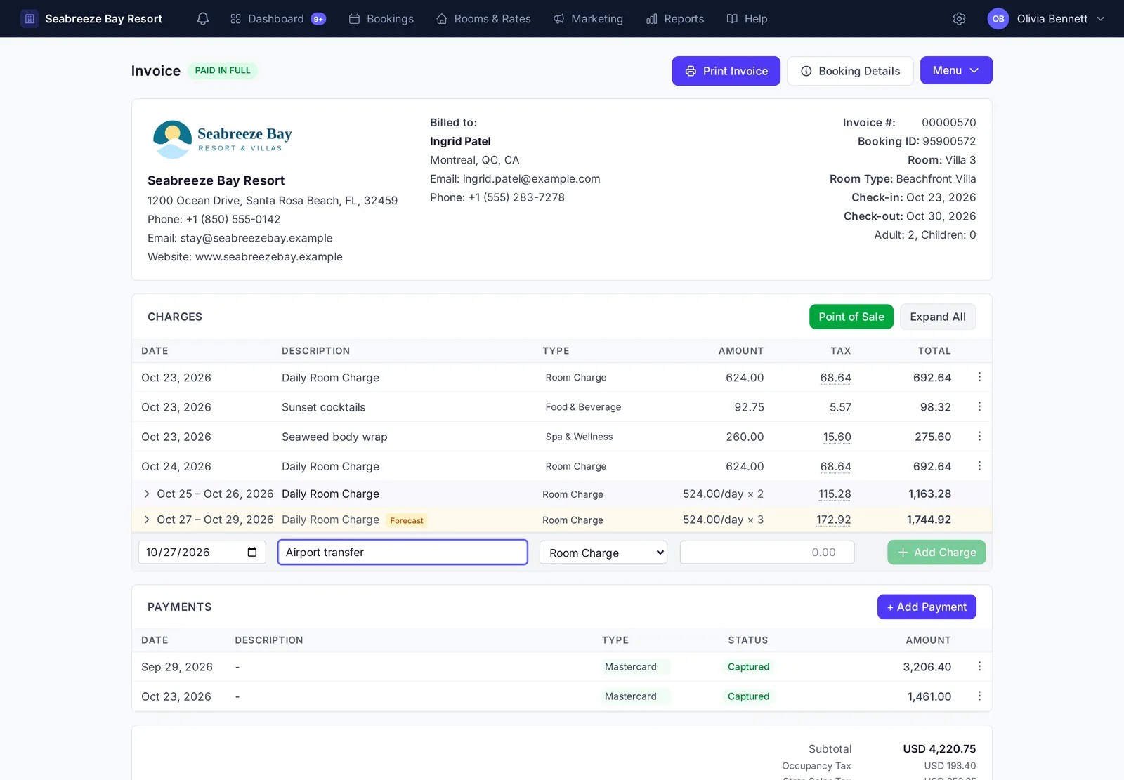 Invoice charges table with a new row being entered for an airport transfer and the Add Charge button