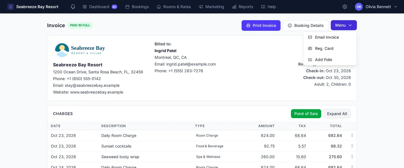 Invoice toolbar with Print Invoice, Booking Details and an open Menu showing Email Invoice, Reg. Card and Add Folio