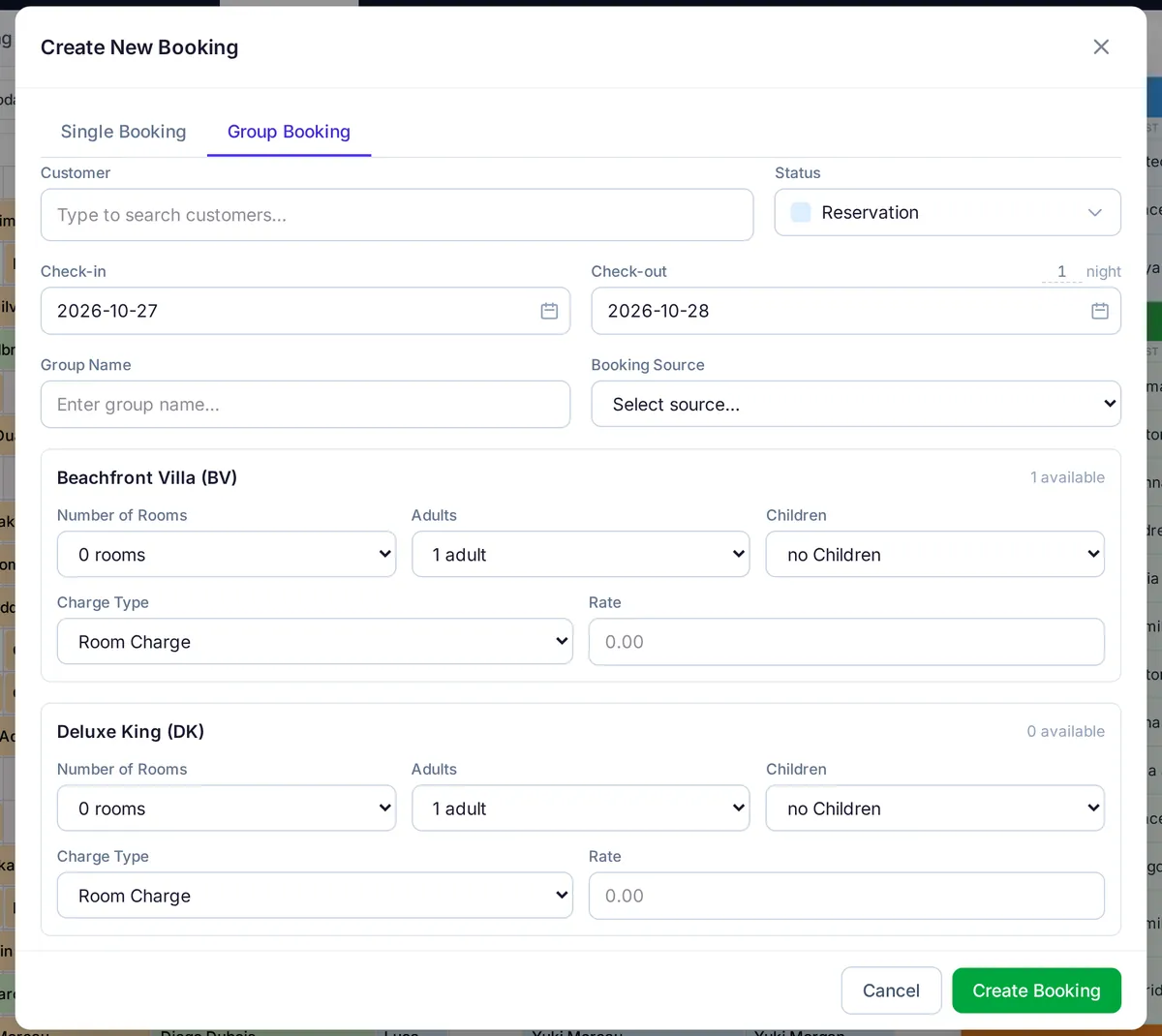 Group Booking tab of the Create New Booking dialog with group name, booking source, and number of rooms, adults, children and charge type per room type