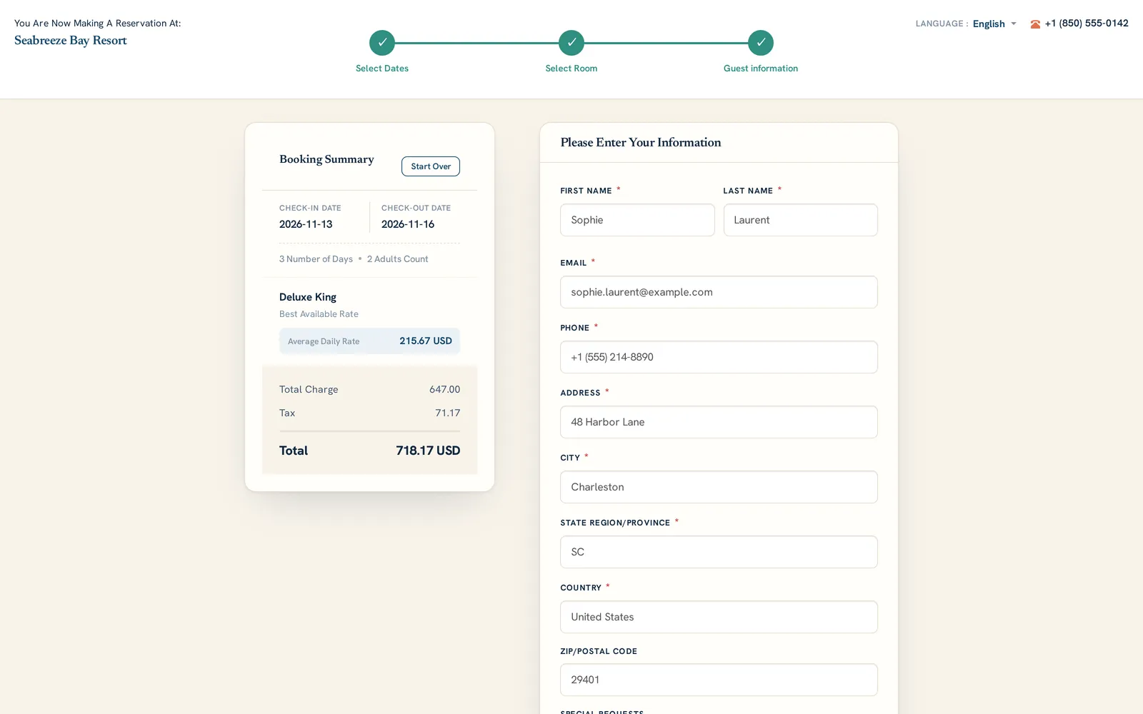 Booking engine step 3: booking summary with stay total and taxes beside the guest information form