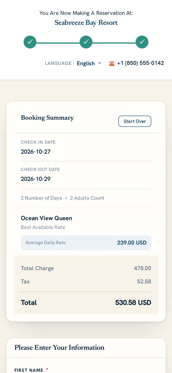 Booking engine on a phone showing the booking summary