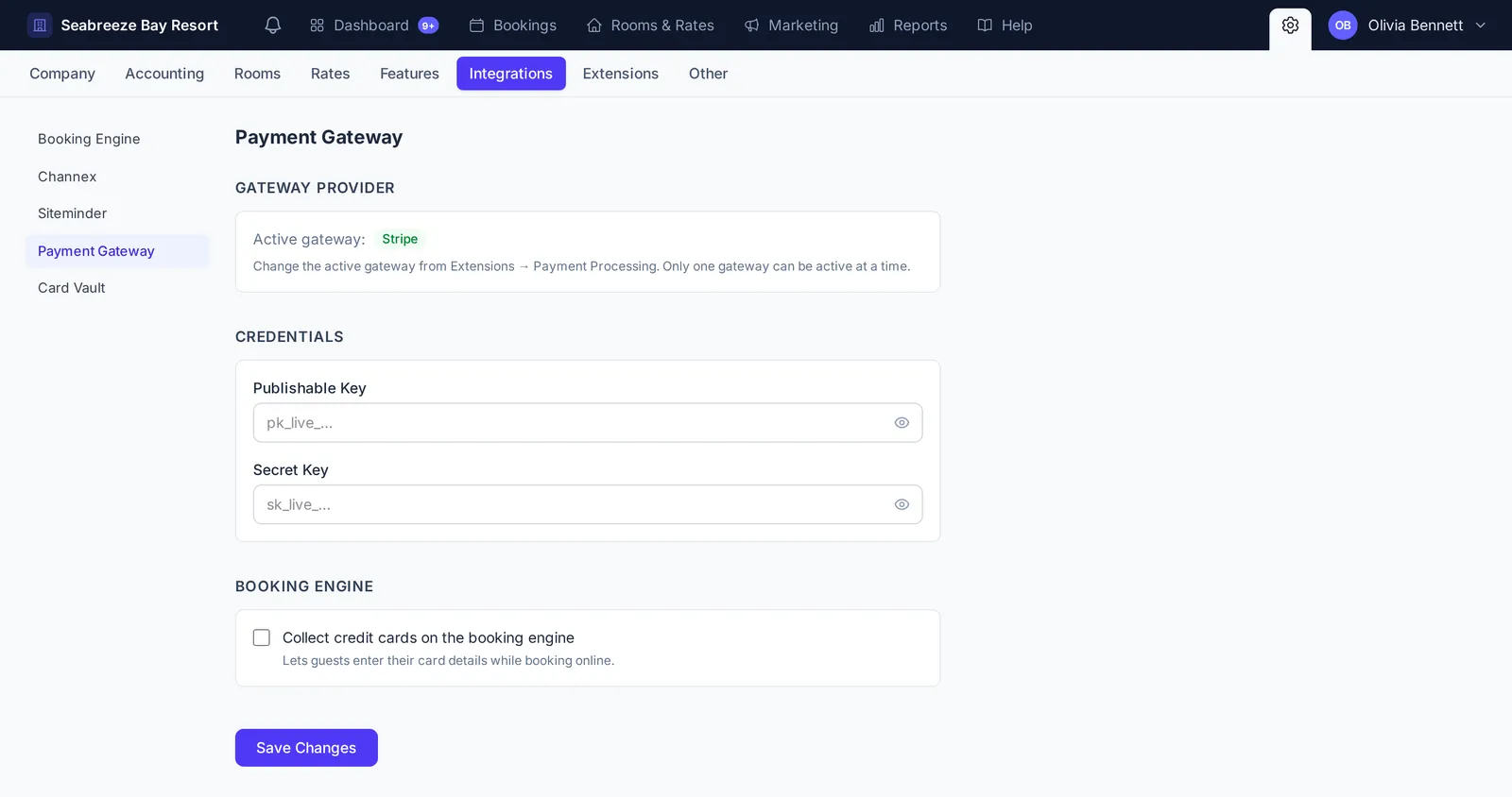Payment Gateway settings with Stripe as the active gateway, publishable and secret key fields, and the option to collect credit cards on the booking engine
