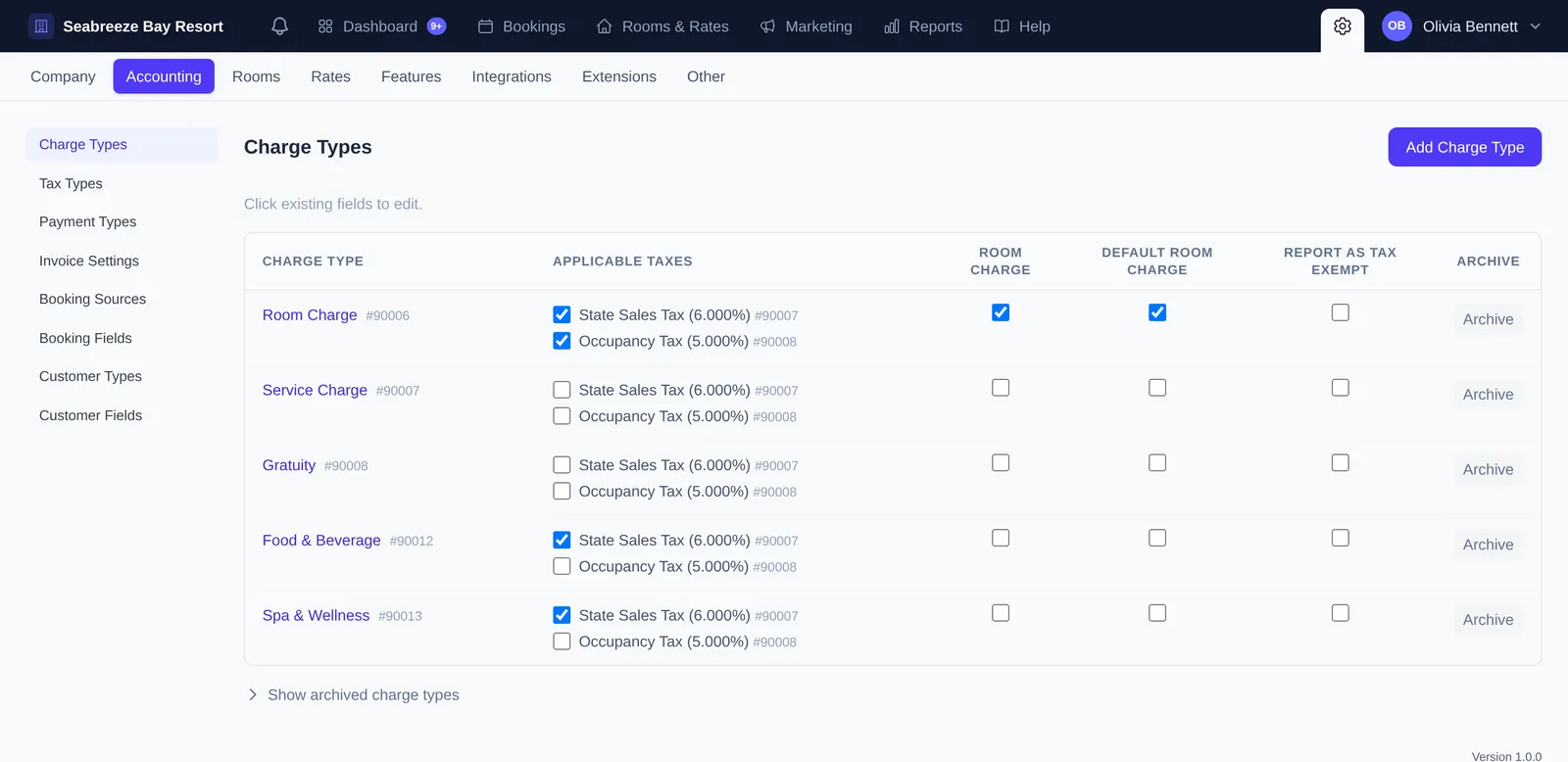 Charge Types settings listing Room Charge, Service Charge, Gratuity, Food and Beverage, and Spa and Wellness with applicable taxes ticked per type