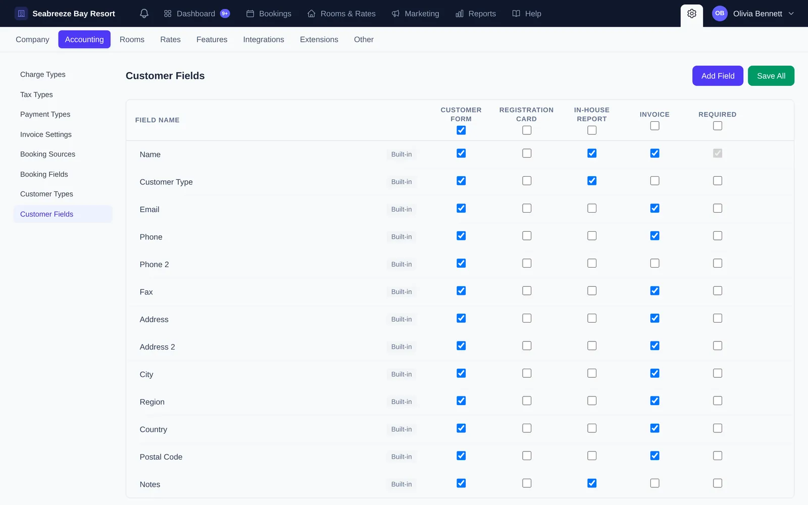 Customer Fields settings with checkboxes for customer form, registration card, in-house report, invoice and required for each guest field