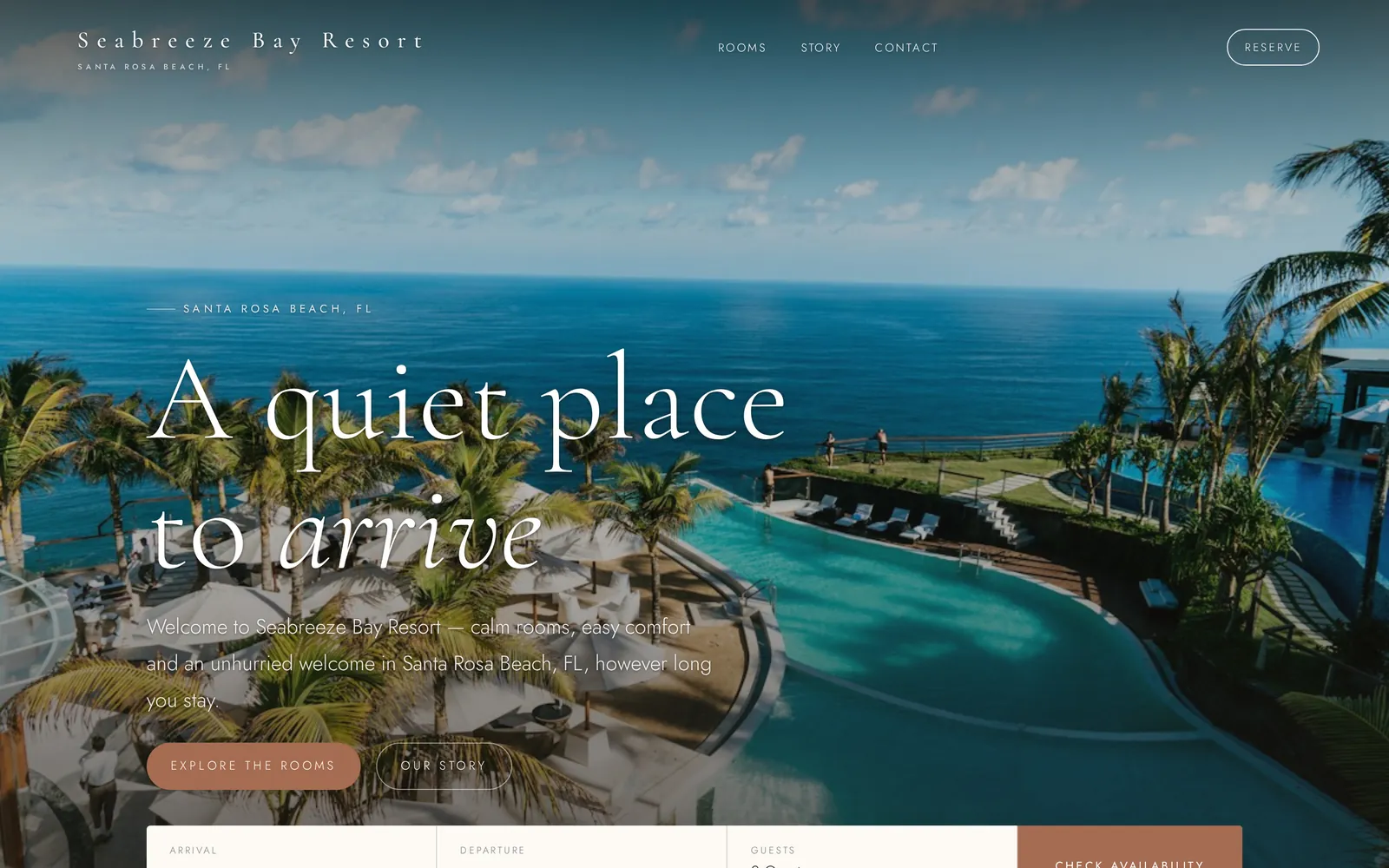 Seabreeze Bay Resort website built with Roomsy Pages: a full-width ocean and pool photo with the headline “A quiet place to arrive” and an availability search bar